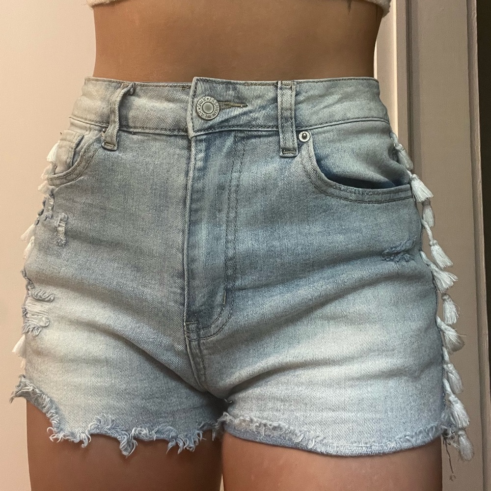 Denim Shorts With White Tassels